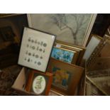 Box of sundry pictures and mirror