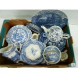 Blue & white plates, tureens, tea pot,