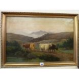 Oil on canvas Highland Cattle in landscape - Douglas Stuart and print (2)