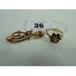 9ct Gold ruby & pearl set dress ring and brooch (2)