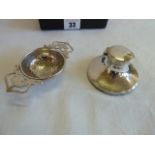 Silver capstan inkwell Birmingham 1912 and tea strainer Birmingham 1920