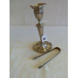 Silver candlestick and pair sugar tongs