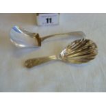 Bright cut silver cut scallop caddy spoon - London 1808 and sugar shovel - London 1836 (2)