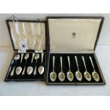 Two cased sets of 6 enamelled silver coffee spoons - Mappin & Webb etc