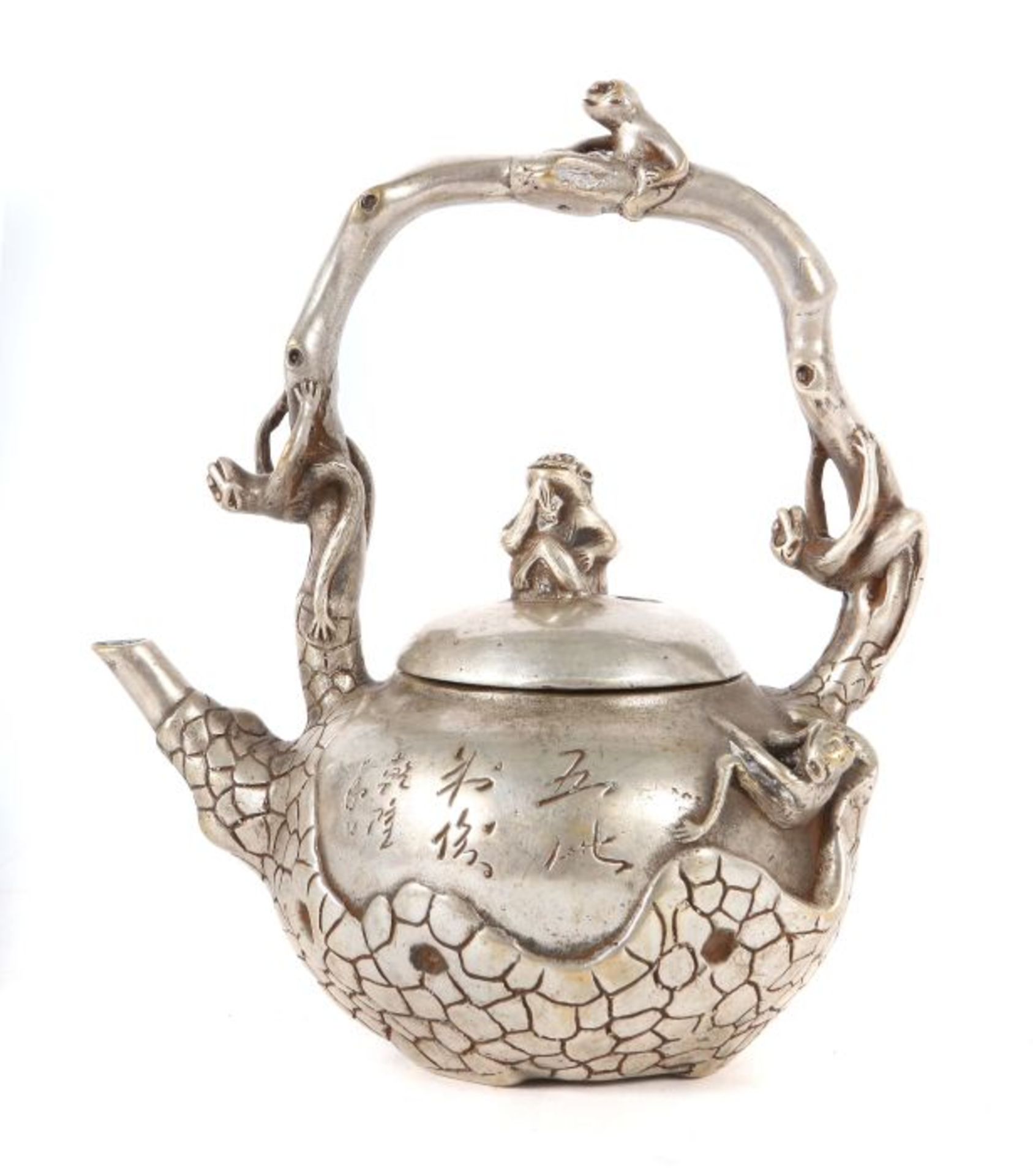 Teekanne China, wohl 1. Hälfte 20. Jh., Metall, kleine bauchige Teekanne mit schmalem Ausguss und