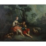 Französischer Maler des 18./19. Jh. "Hirtenpaar mit Schafen", einander zugetan im Schatten eines