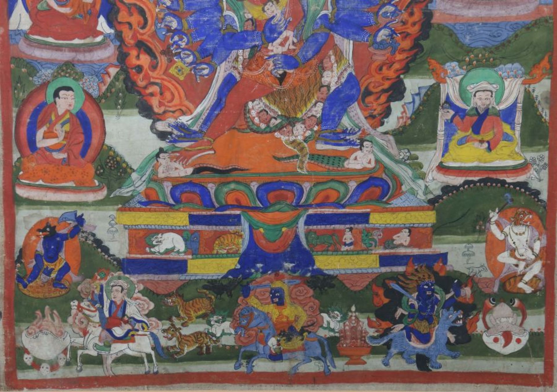 Thangka Tibet, 19./20. Jh., Gouachefarbe auf Leinen, farbenreiche Darstellung des Vajrapani mit - Image 5 of 6