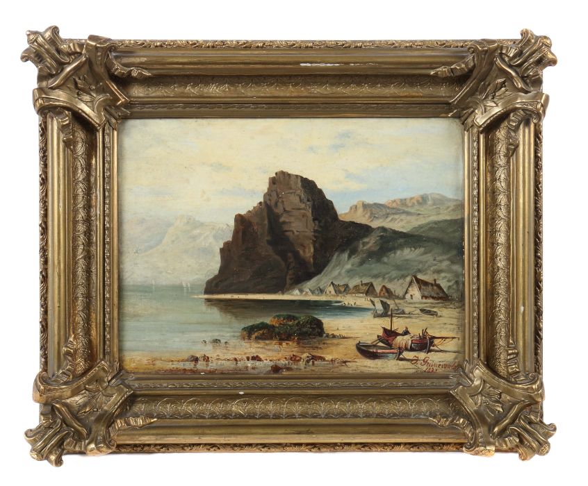 Grünewald, J. Maler des 19. Jh.. "Fjordlandschaft mit Häusern am Ufer des Fjords", vor den - Bild 2 aus 3