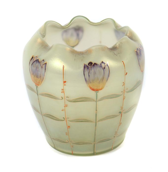 Vase mit Tulpen Um 1905, Böhmen oder Österreich, farbloses Glas, mundgeblasen, leicht gebauchte - Image 2 of 2