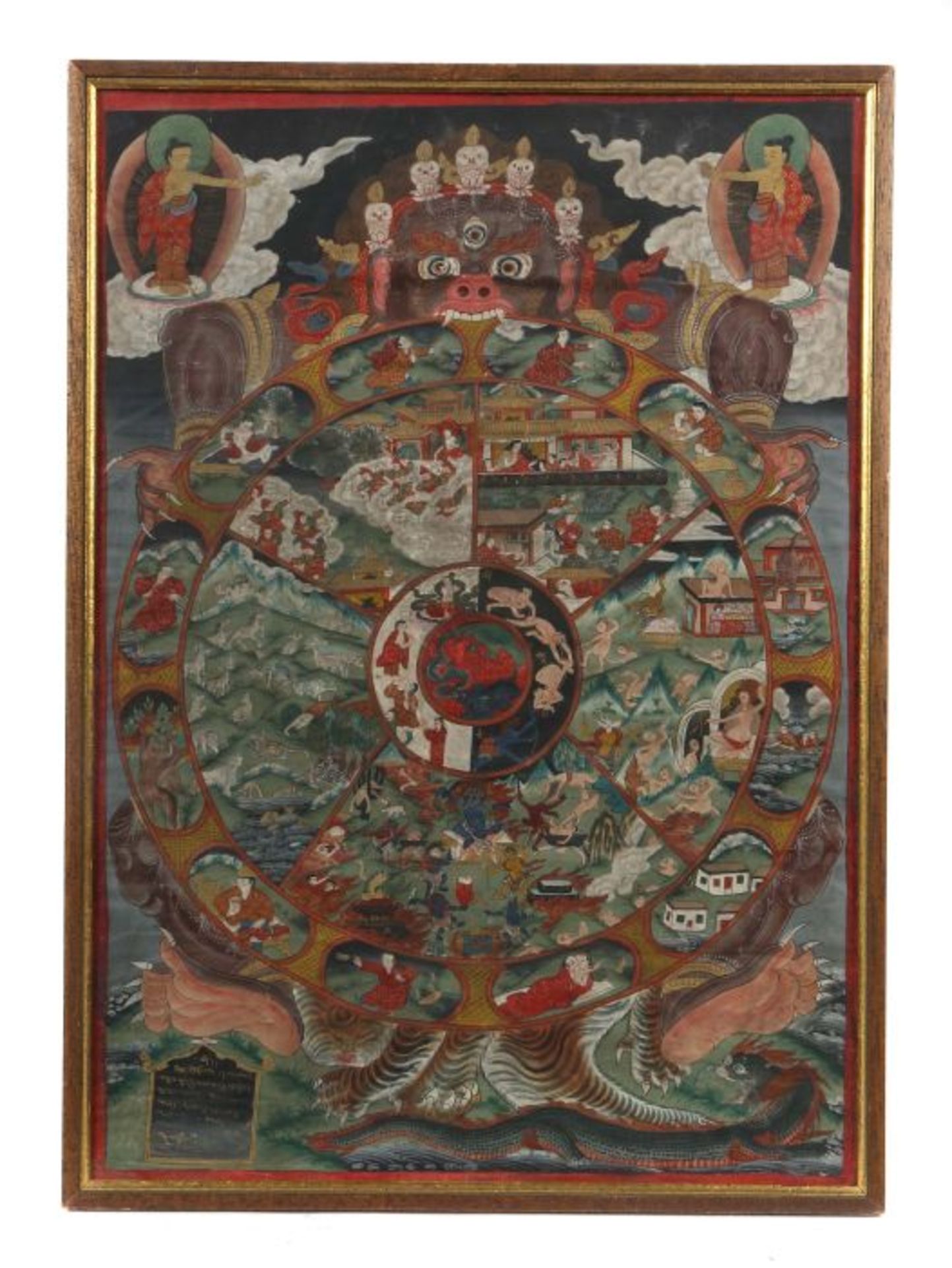 Thangka des Yama wohl19. Jh., Tibet/Nepal, Gouache/Leinen, Yama hält das Lebensrad, er reich - Image 2 of 3