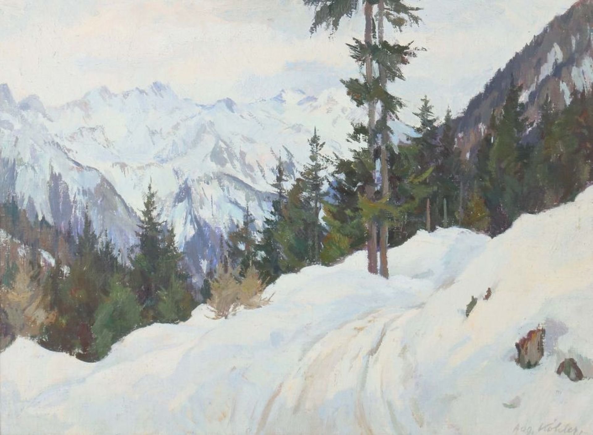 Köhler, August Stuttgart 1881 - 1964 ebenda."Winter im Ötztal", Blick auf die verschneiten Berge,