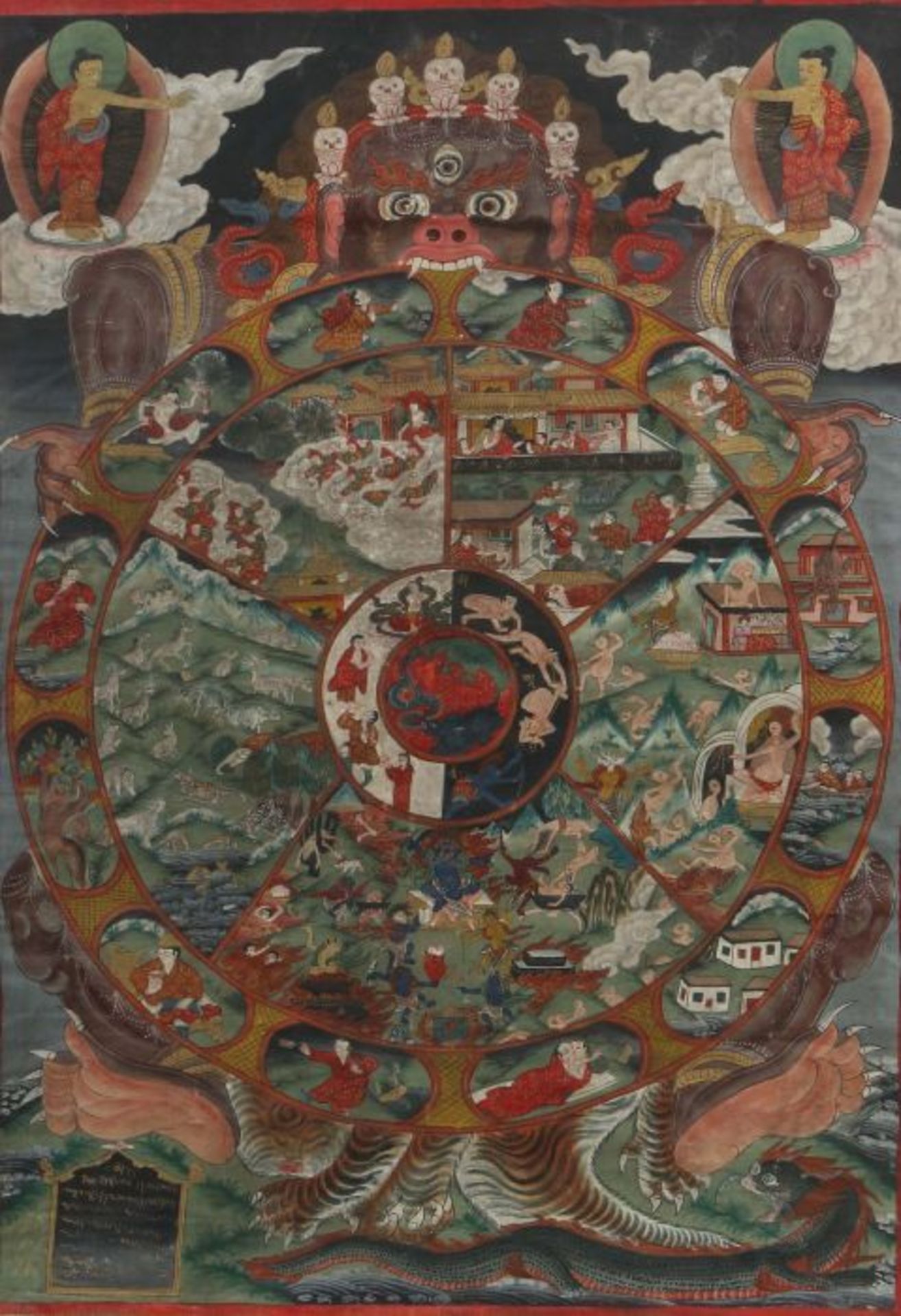 Thangka des Yama wohl19. Jh., Tibet/Nepal, Gouache/Leinen, Yama hält das Lebensrad, er reich