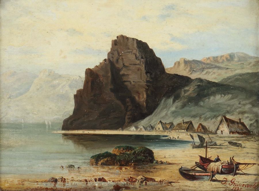 Grünewald, J. Maler des 19. Jh.. "Fjordlandschaft mit Häusern am Ufer des Fjords", vor den