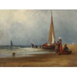 Penning, E. Maler der 2. Hälfte des 19. Jh.. "Strandszene mit Fischerboot und Beobachtern", am