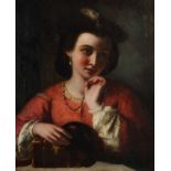 Maler des 19. Jh. wohl England. "Portrait einer jungen Dame mit Federhut", in rotem Gewand mit