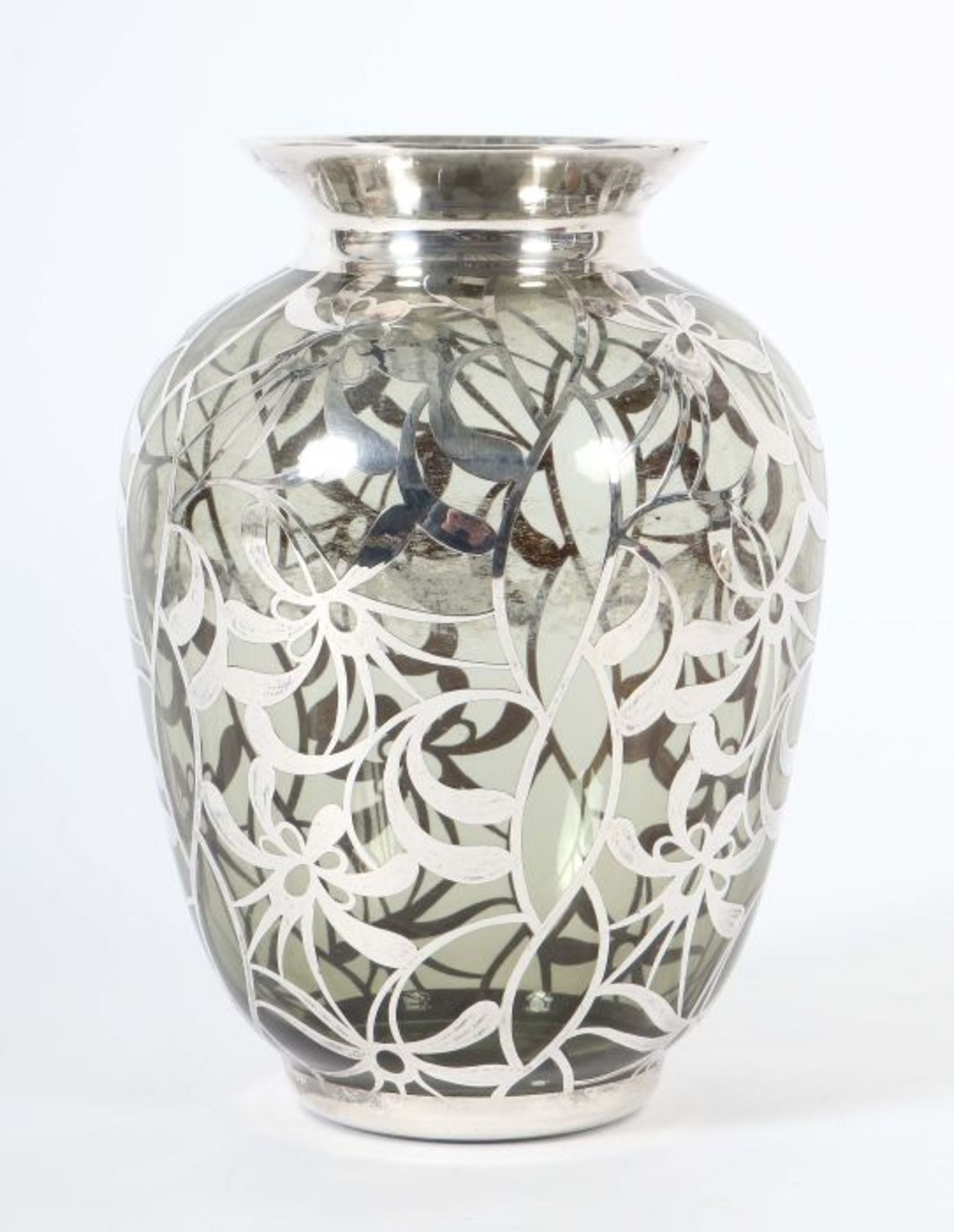 Vase mit Feinsilberdekor Deutschland, 1930/40er Jahre, rauchgraues Glas, dünnwandig,