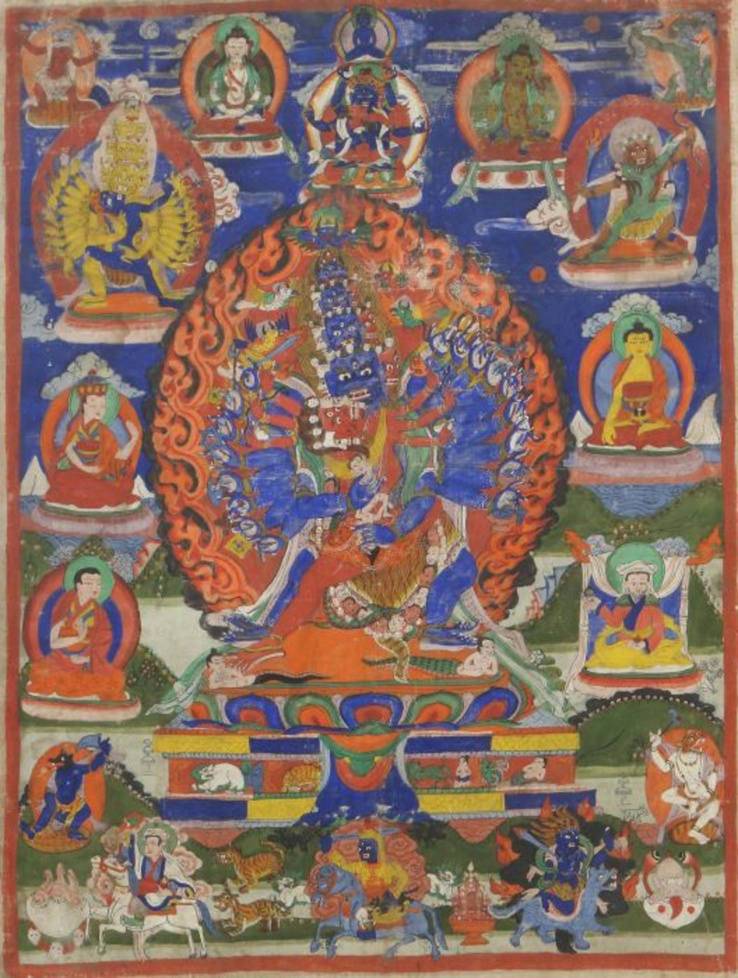 Thangka Tibet, 19./20. Jh., Gouachefarbe auf Leinen, farbenreiche Darstellung des Vajrapani mit