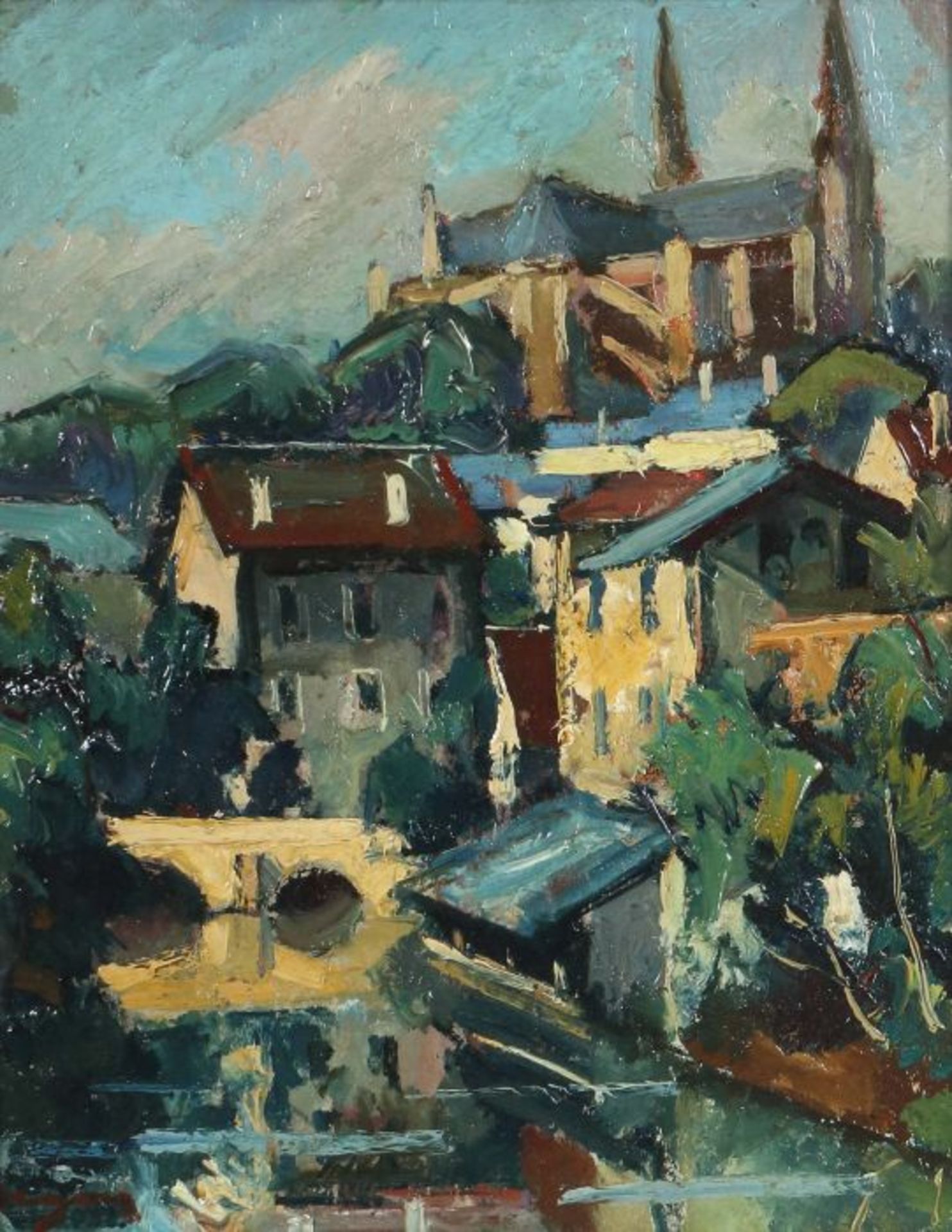 Vigon, Louis Jacques 1897-1985, französischer Maler. "Chartres", Blick auf die Stadt mit der