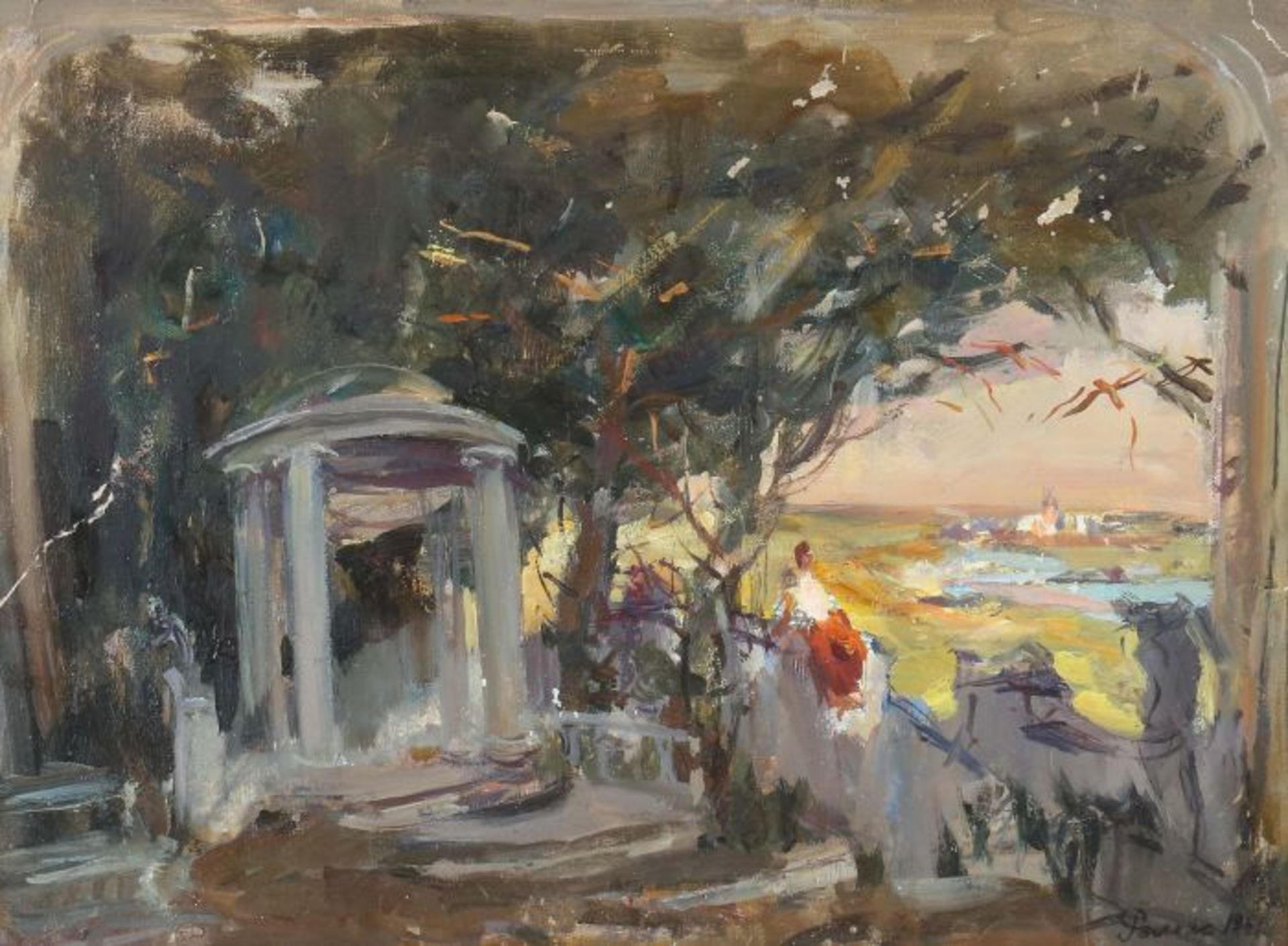 Romas, Jakov Dorofeevic 1902 - 1969. "Pavillon im Park", Landschaftsstudie mit einer auf die Stadt
