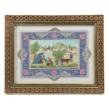 Miniaturmalerei Persien, 1. Hälfte 20. Jh., Gouache/Beinplatte, zeltende Nomaden in Landschaft,