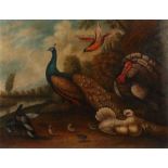 Maler des 19. Jh. "Hühnervieh an bewaldetem Flussufer", Pfau, Truthahn, Eichelhäher und Tauben auf