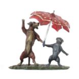 2 Hunde unter Schirm Wiener Bronze, 20. Jh., vollplastische Darstellung, polychrom kalt bemalt,