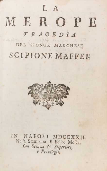 Maffei, Scipione La Merope Tragedia, Neapel, Felice Mofca, 1822, Tragödie in italienischer - Image 2 of 3
