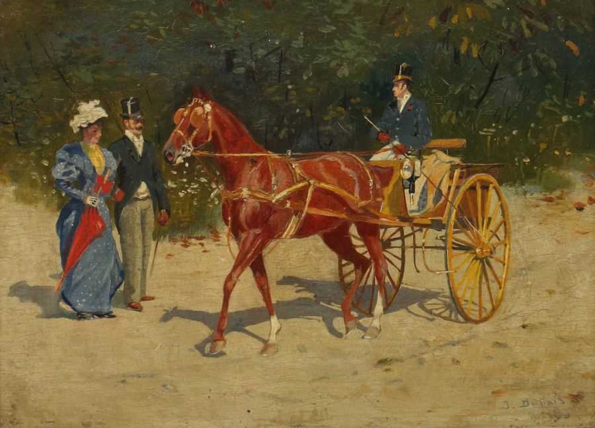 Dufrais, J. (?) Französischer Maler des 19./20. Jh.. "Kutsche im Park", Darstellung eines