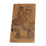 Holzmodel 19. Jh., Obstholz, trapezförmig, beidseitige Motivbelegung mit Reiter, galanter Dame und
