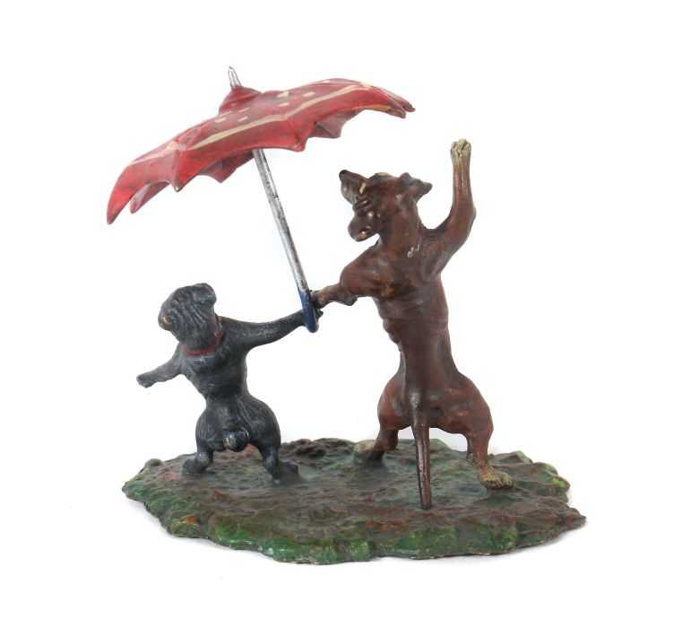 2 Hunde unter Schirm Wiener Bronze, 20. Jh., vollplastische Darstellung, polychrom kalt bemalt, - Image 2 of 2