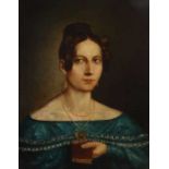 Maler des 19. Jh. Portrait einer Dame, mit einem Büchlein in der Hand, den Blick am Betrachter