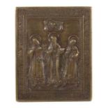 Metallikone Hl. Hierarchen Russland, 18. Jh., Bronze reliefiert, Darstellung der drei