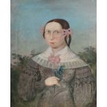 Maler des 18./19. Jh. "Junge Dame mit Vergissmeinnicht vor Gartenlandschaft", Halbportrait im