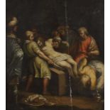 Maler des 18. Jh. "Grablegung Christi", Männer den Leichnam auf eine Grabplatte legend, daneben