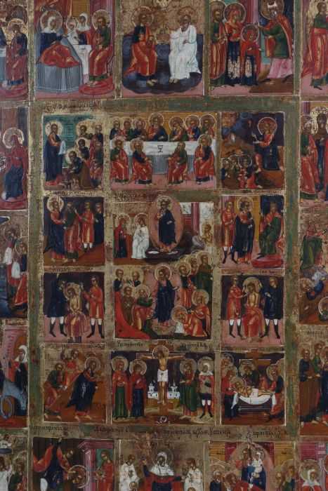 Festtagsikone Russland um 1800, zentrale Darstellung der Auferstehung Christi mit Aposteln und - Image 4 of 5