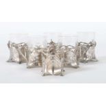 6 Teeglashalter WMF, Geislingen, 1903, Britanniametall, versilbert, tls. durchbrochener Korpus mit