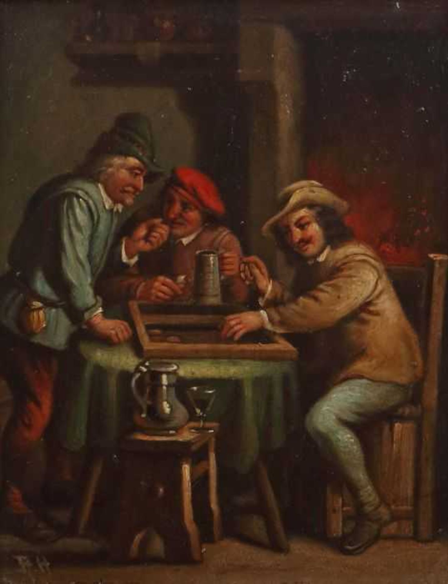 Monogrammist A.H. oder R.H. Maler des 19./20. Jh.. "Drei Herren beim Brettspiel in der