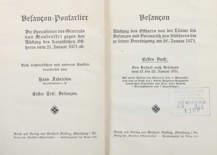 5 Bücher Militaria Fabricius, Besancon-Pontarlier, Oldenburg, Stalling, 1913, 4 Bde.; Freiherr von - Image 5 of 5