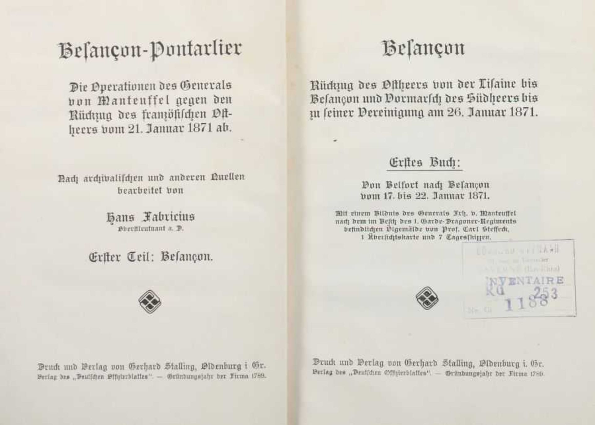 5 Bücher Militaria Fabricius, Besancon-Pontarlier, Oldenburg, Stalling, 1913, 4 Bde.; Freiherr von - Bild 5 aus 5