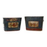 2 Deckeltruhen China, wohl Ende 19./Anfang 20. Jh., Nadelholz, polychrome Bemalung, Darstellung