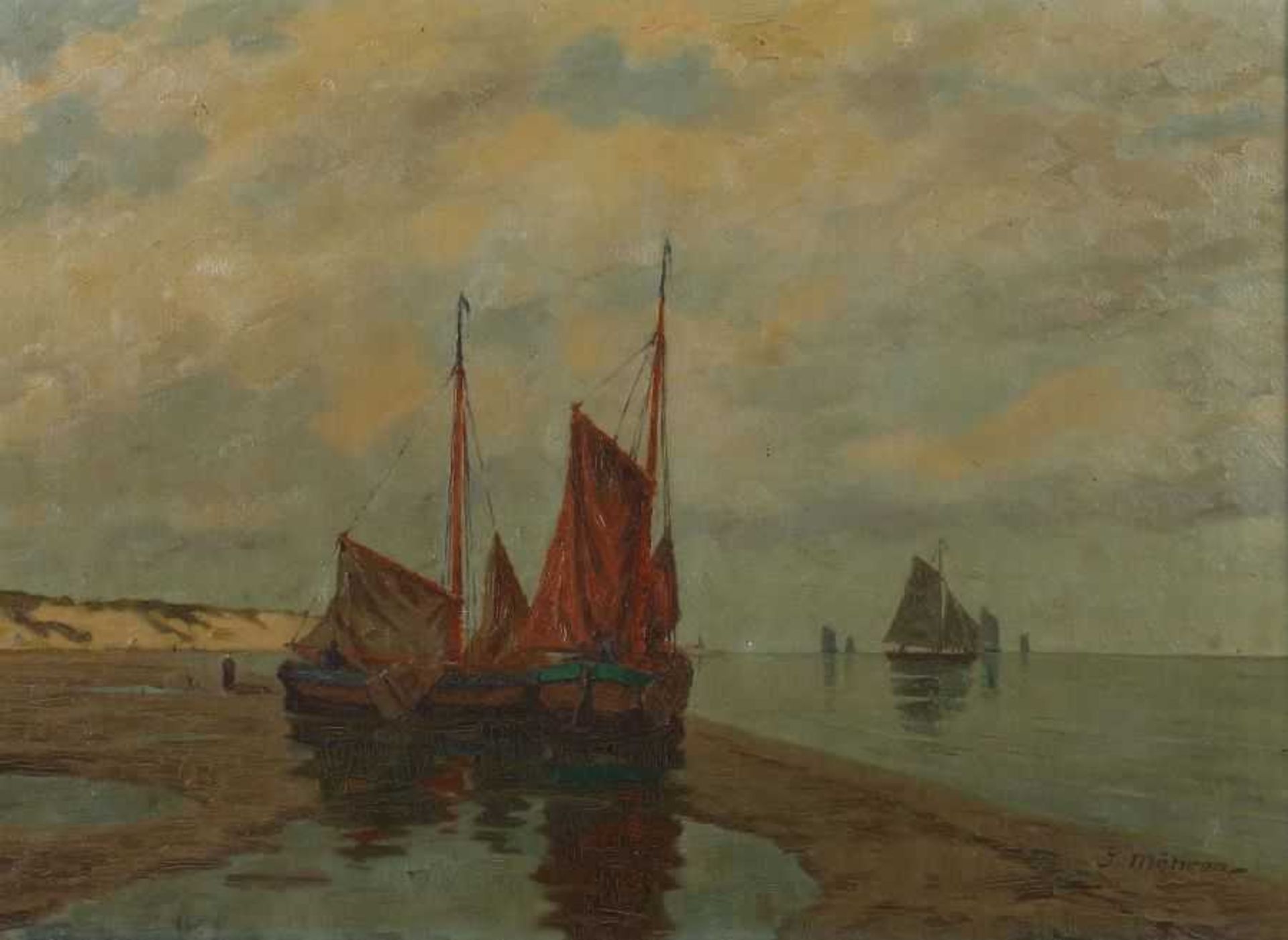 Möhren, Jean Elberfeld 1876 - ?, deutscher Maler. "Segelboote vor der Küste", eines der Fischerboote