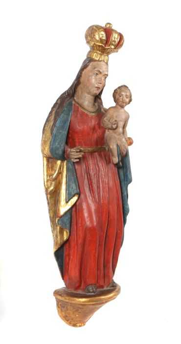 Bildschnitzer wohl 15./16. Jh. "Madonna mit Kind", Lindenholz geschnitzt, polychrom gefasst, - Image 2 of 4