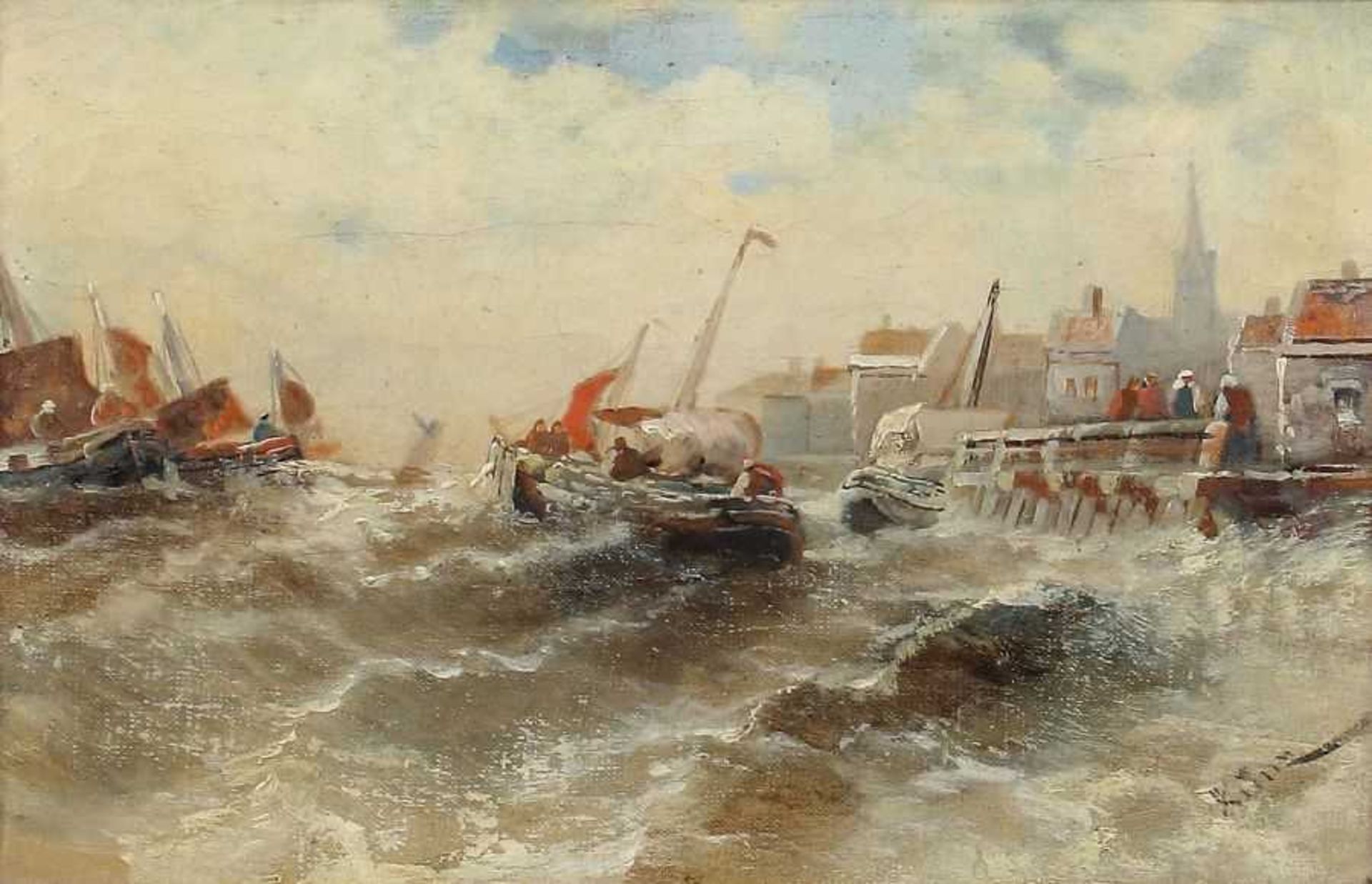 Kunz Marinemaler des 19./20. Jh.. "Fischerboote vor dem Hafen bei stürmischer See", bewegte Szene
