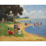 Karpathy, Laszlo ungarischer Maler des 19./20. Jh.. "Damen am See", Blick auf das Ufer mit zahlr.
