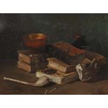 Delow/Delord (?), Marius Maler des 19. Jh.. "Stillleben", aufeinander gelegte Bücher, Schale, Pfeife