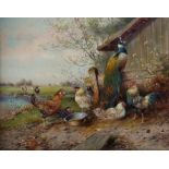 Hänger, Max I 1874 - 1941, Münchner Tiermaler. "Hühnervieh mit Pfau an einem Weiher", in