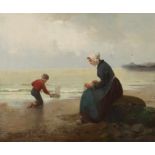 Charlet, wohl Emile 1851 - 1910, belgischer Maler. "Mutter mit Kind am Strand", Darstellung einer