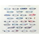 Porsche History-Plakat nach 1980, mit farbigen Abbildungen von Turnier-Rennwägen zwischen den Jahren
