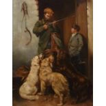 Schmidt, O.(?) Maler der 2. Hälfte des 19. Jh.. "Jäger und Knabe mit vier Hunden", in einer Tür