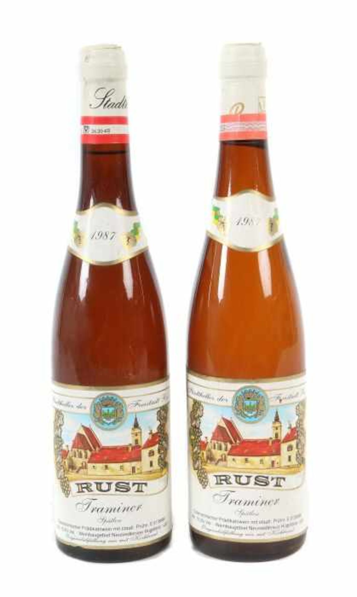 2 Flaschen Rust Stadtkeller der Freistadt Rust, Traminer, Spätlese, 1987er JG, je 0,7 l. Etiketten